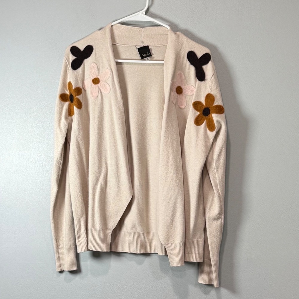 Aaeda Women sm Cream Open Front Cardigan Floral Embroidered Knit Sweater cottage